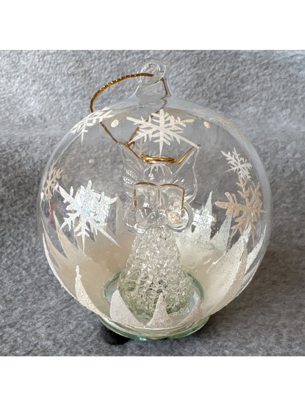 Glass Angel Snow Globe Ornament Stand Snowflake Etching & Gold Details 5"
